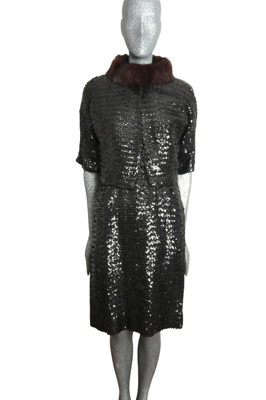 1960s Black Sequin Cocktail Dress & Jacket, Size-4