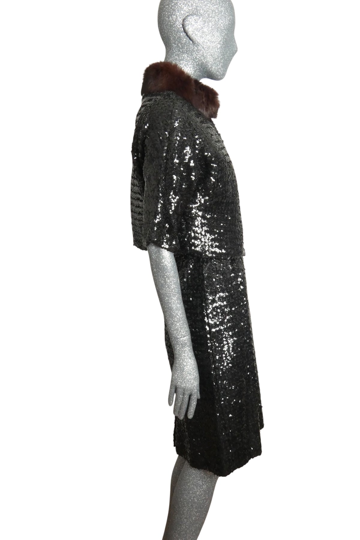 1960s Black Sequin Cocktail Dress & Jacket, Size-4
