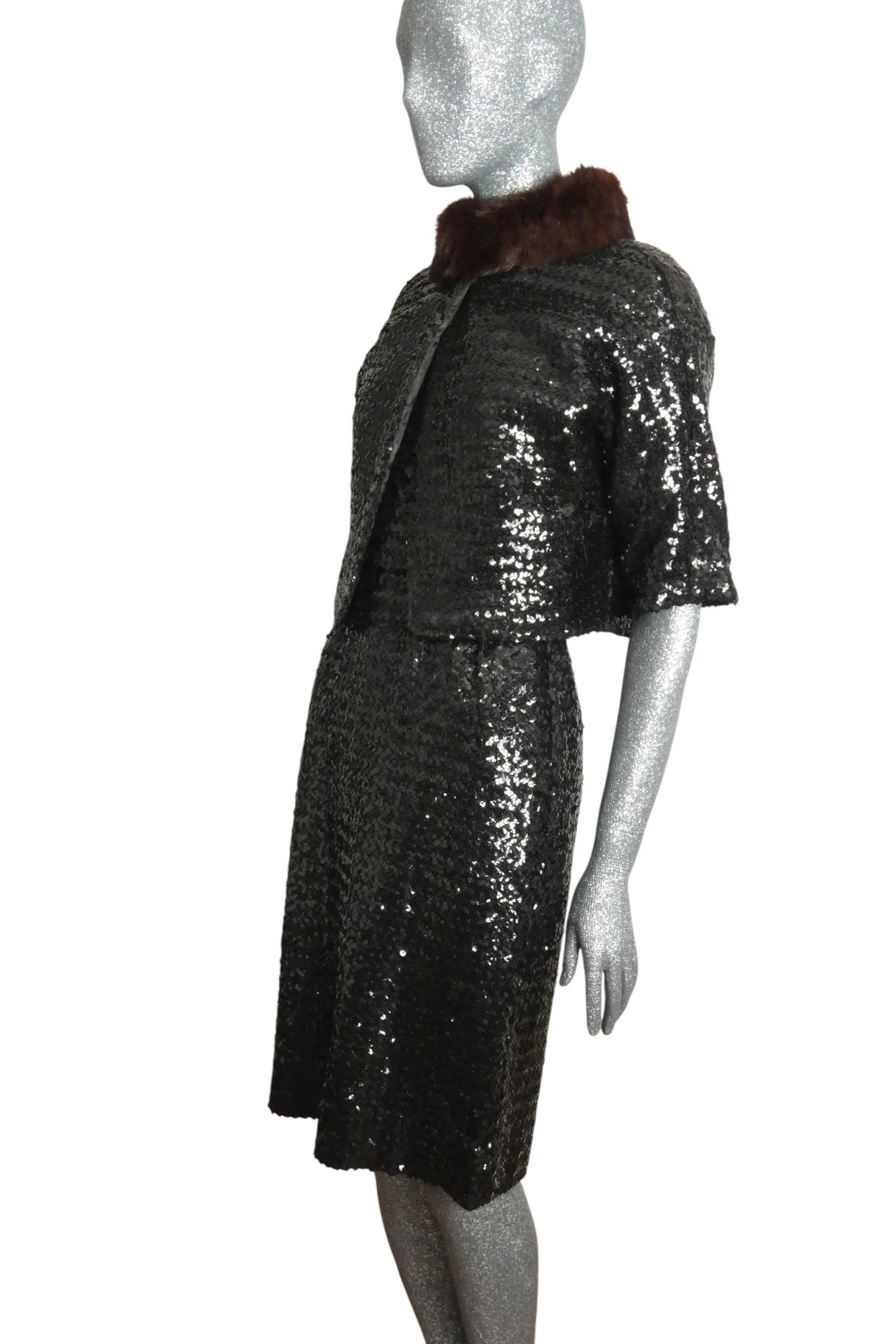 1960s Black Sequin Cocktail Dress & Jacket, Size-4