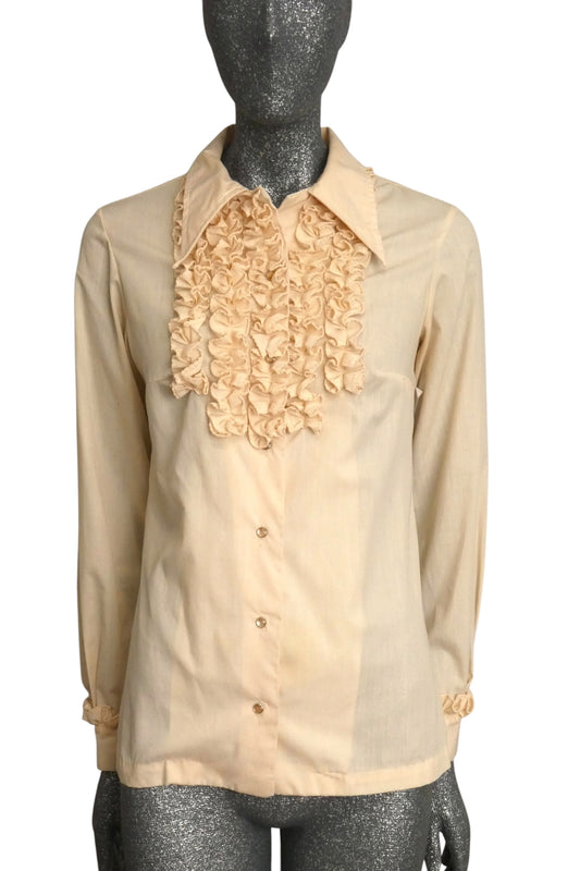 1970s Ivory Ruffle Front Blouse, Size-6