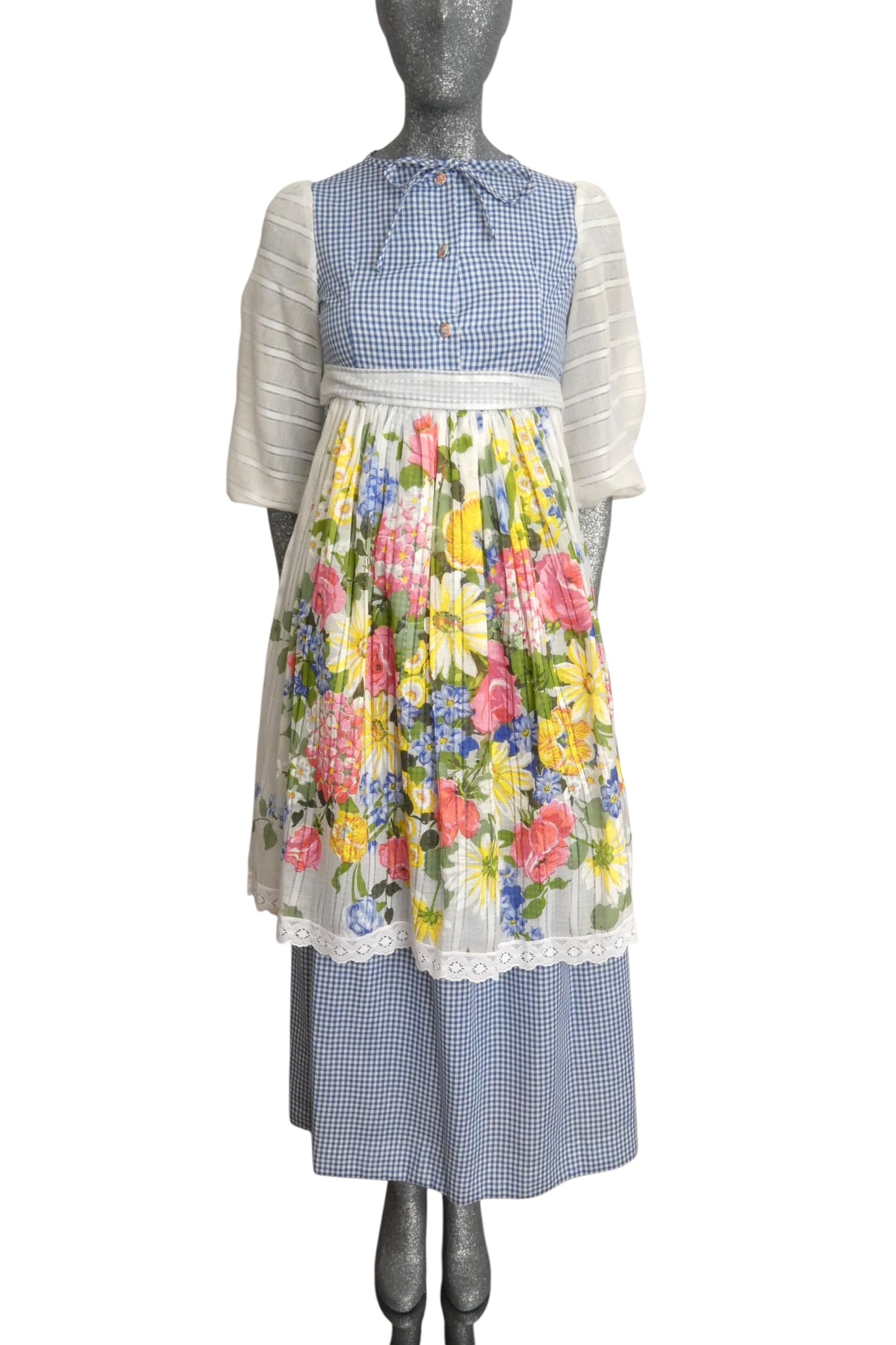 1970s Gingham Apron Dress, Size-2 Petite
