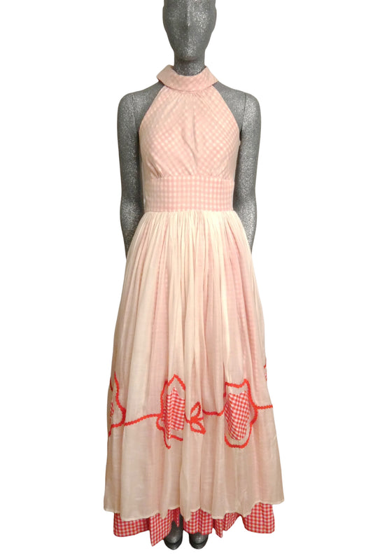 1970s Red & White Gingham & Batiste Maxi Dress, Size-4