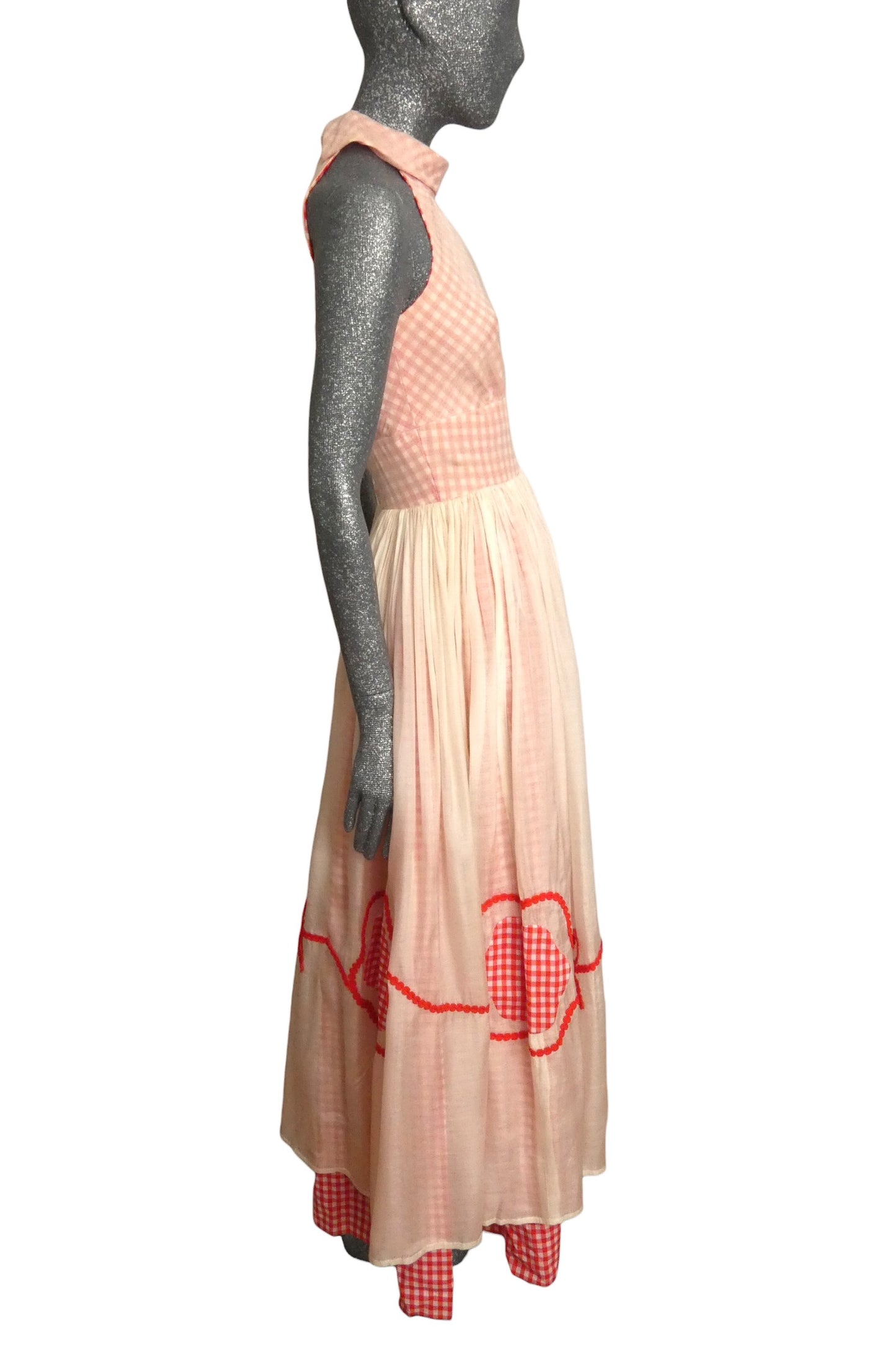 1970s Red & White Gingham & Batiste Maxi Dress, Size-4
