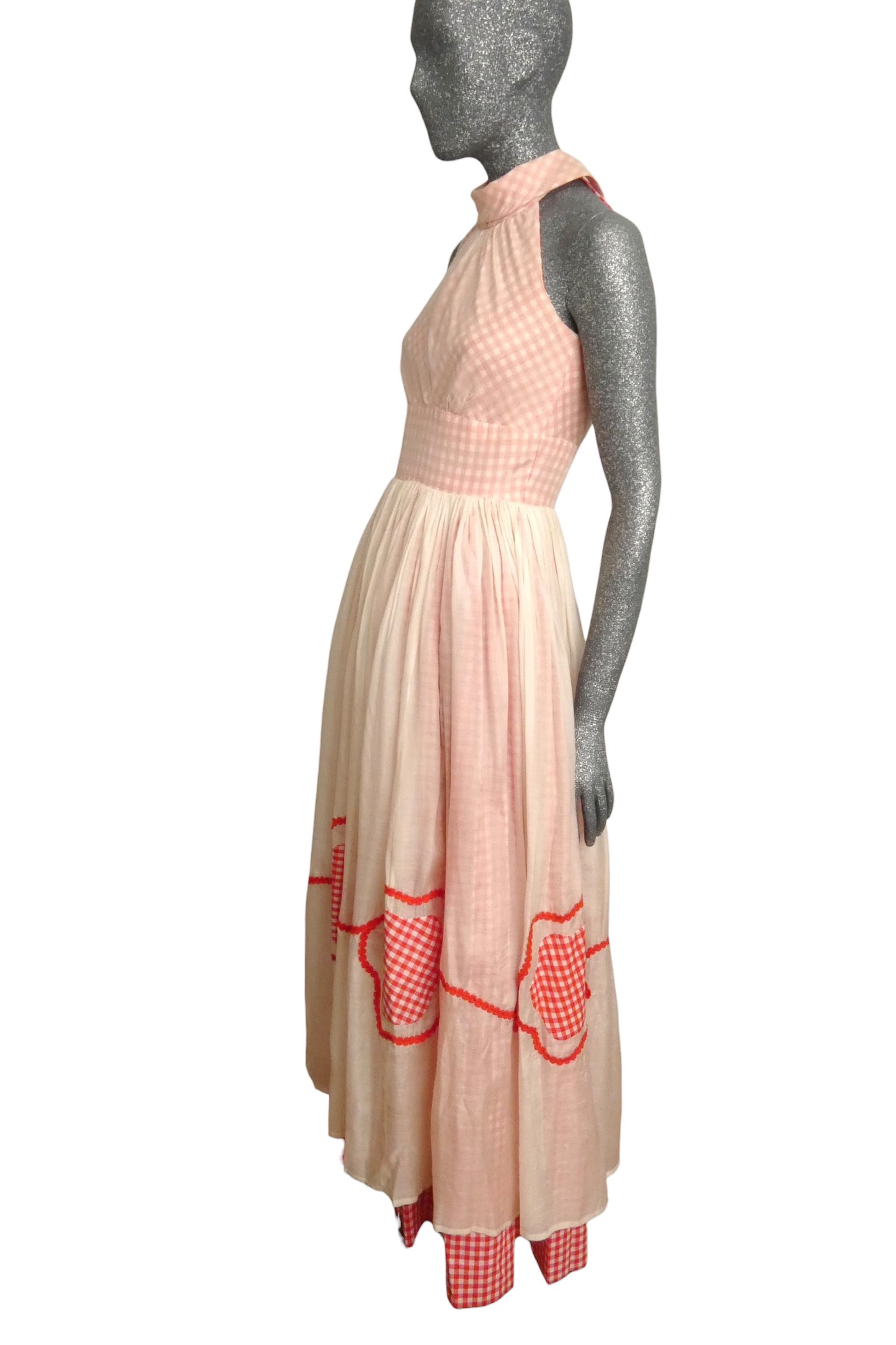 1970s Red & White Gingham & Batiste Maxi Dress, Size-4