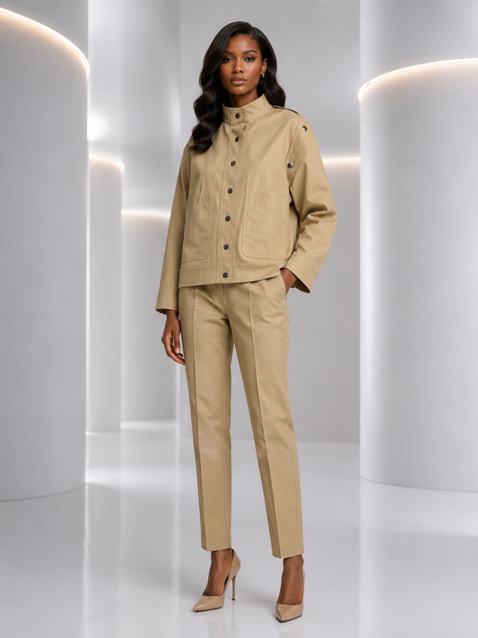 PIERRE CARDIN - 1990s Khaki Cotton Jacket Suit, Size-10