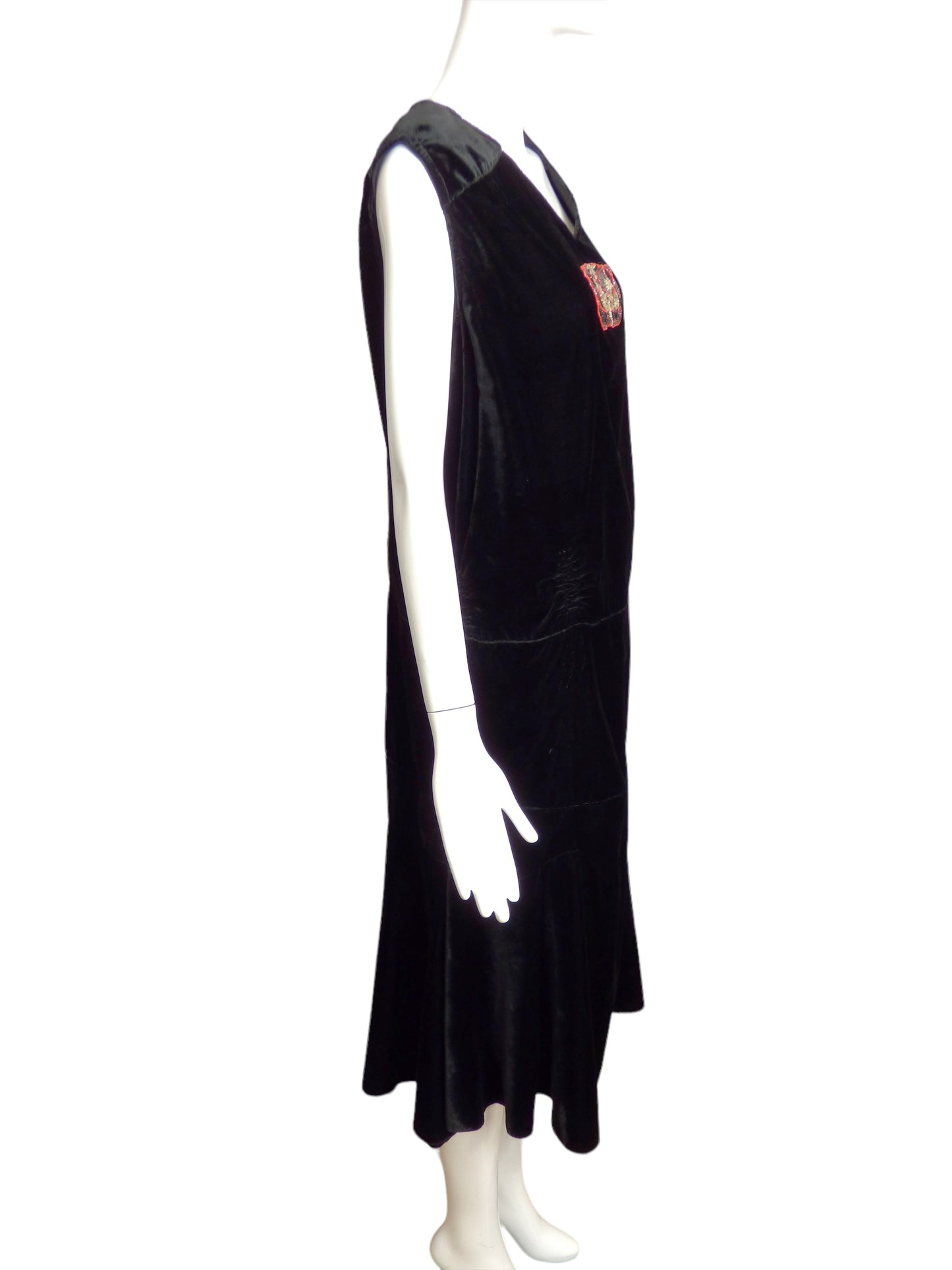 1920s Black Beaded Velvet Dress, Size 10