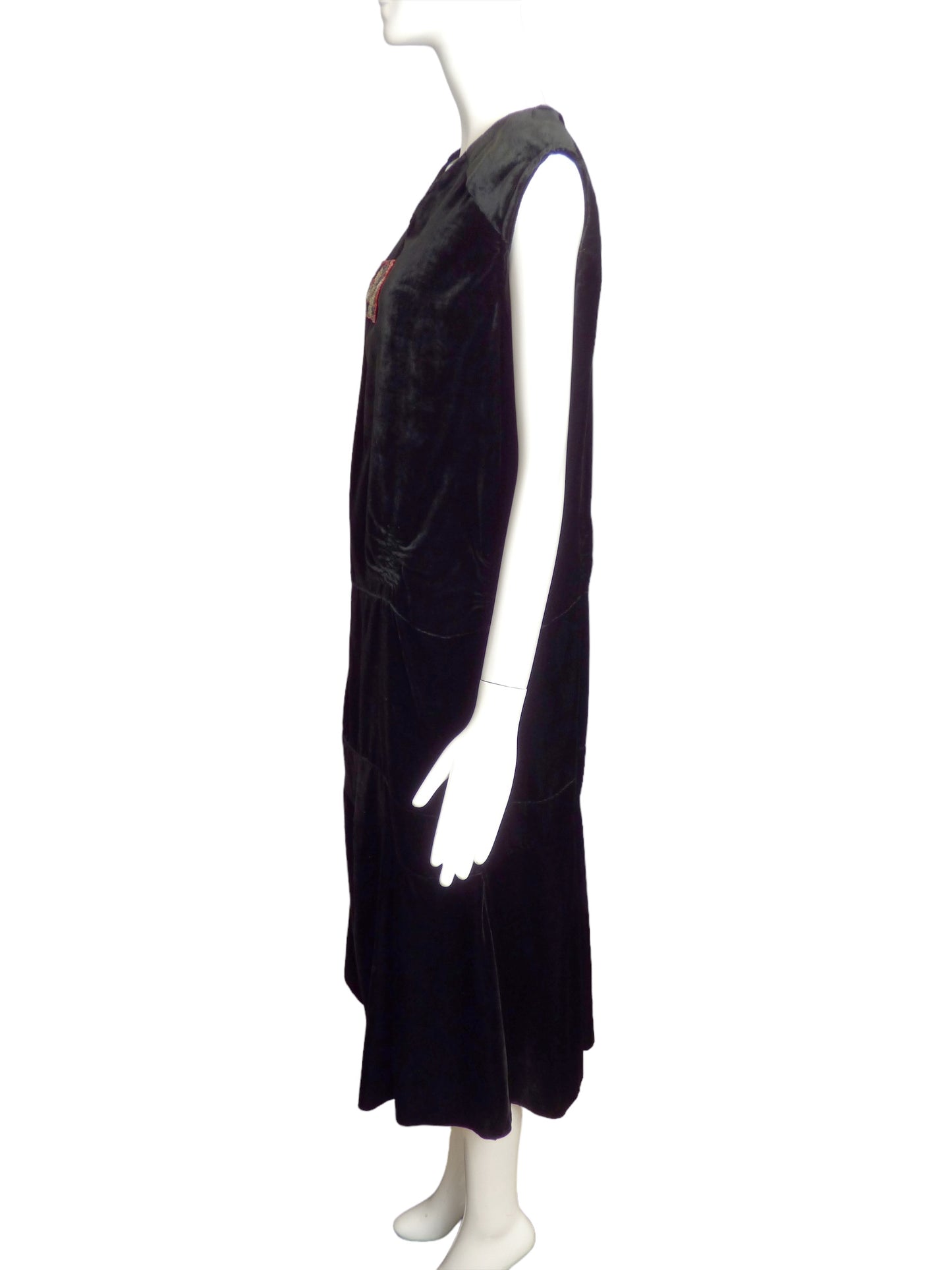 1920s Black Beaded Velvet Dress, Size 10