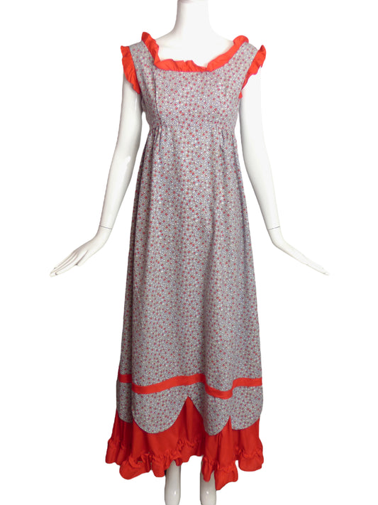 1960s Floral Print Ruffled Maxi Dress, Size 6