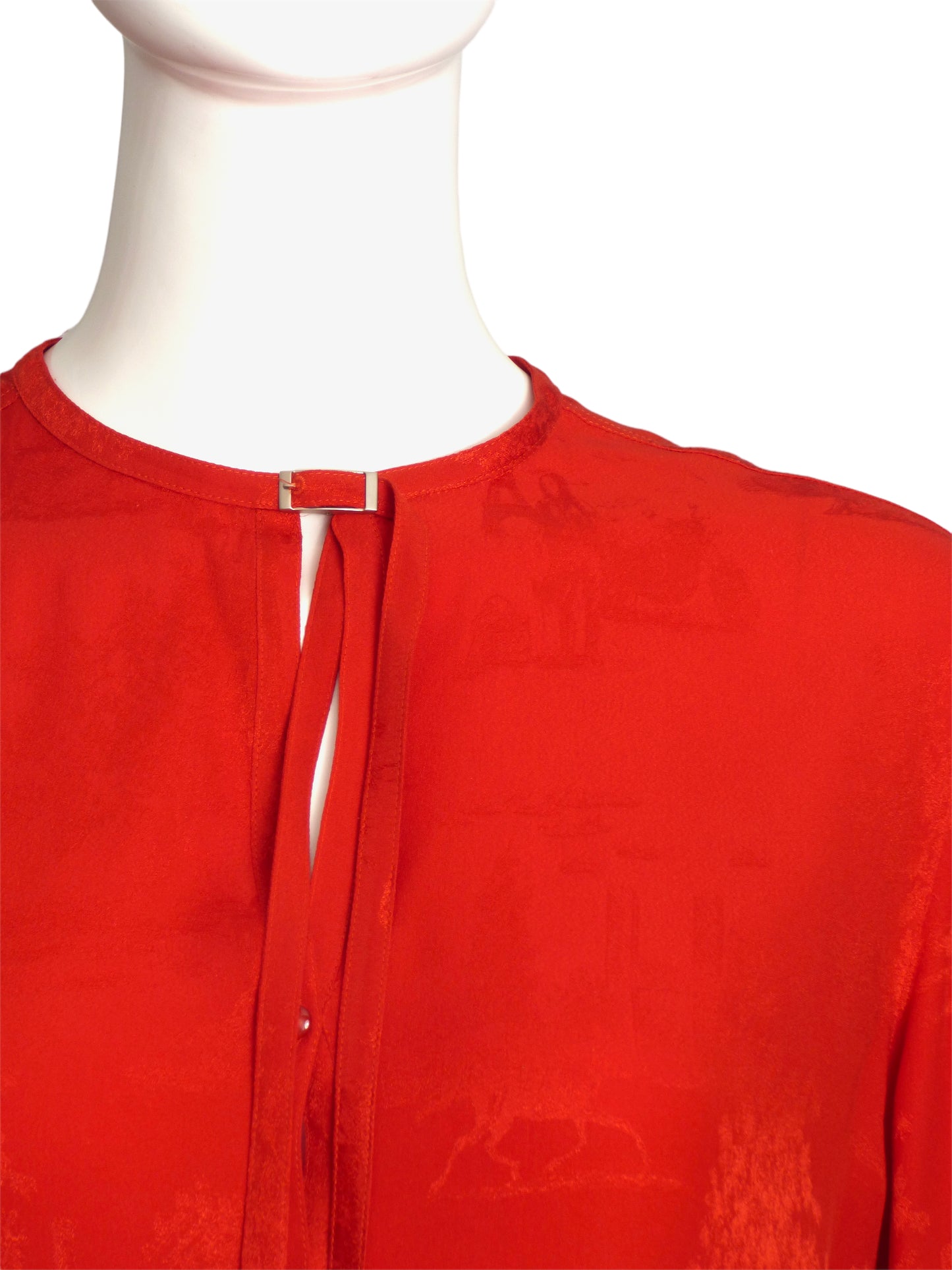 HERMES- Red Silk Brocade Blouse, Size-12