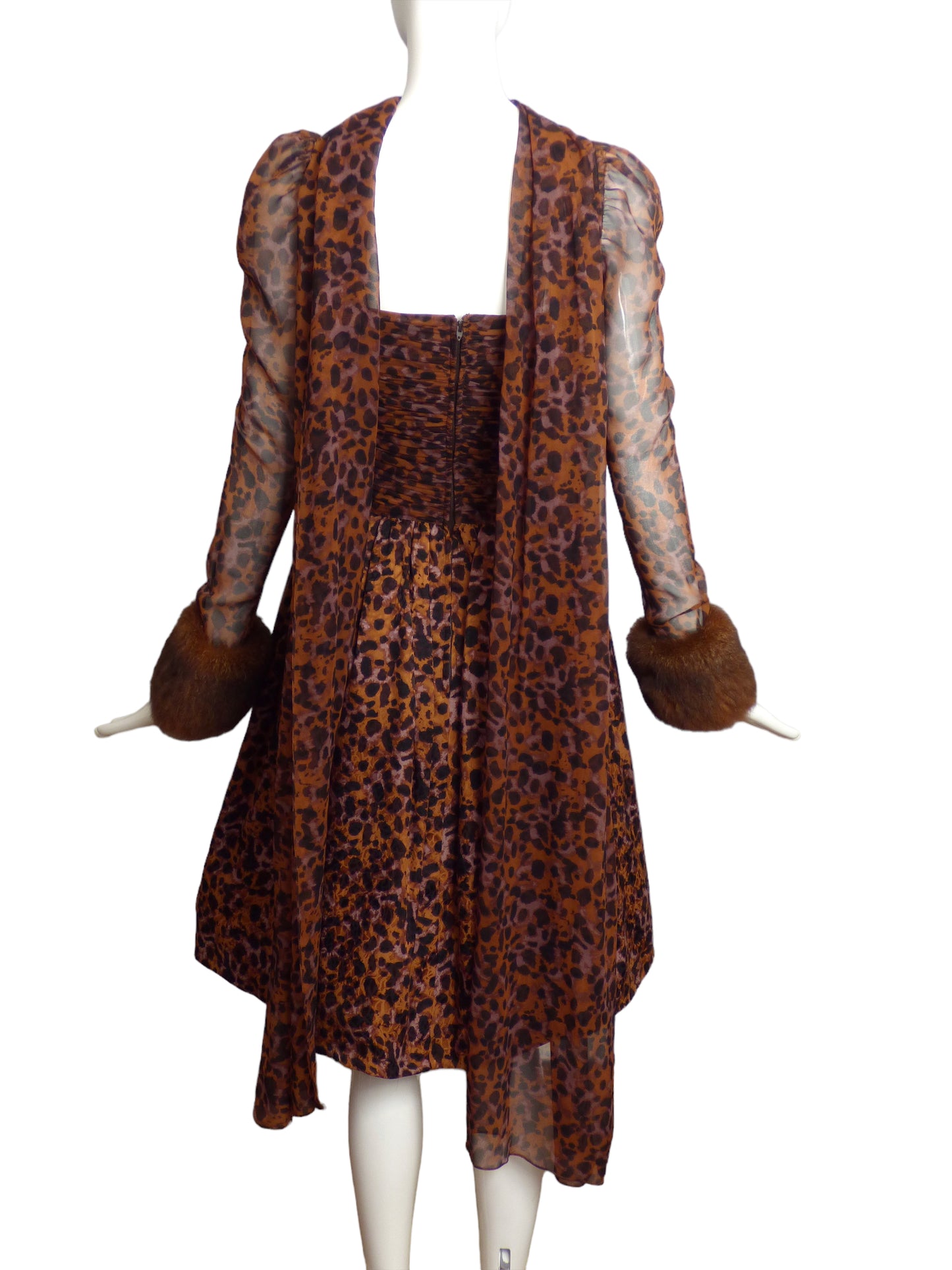 RICKIE FREEMAN- 1990s Chiffon Print & Fur Dress, Size 8