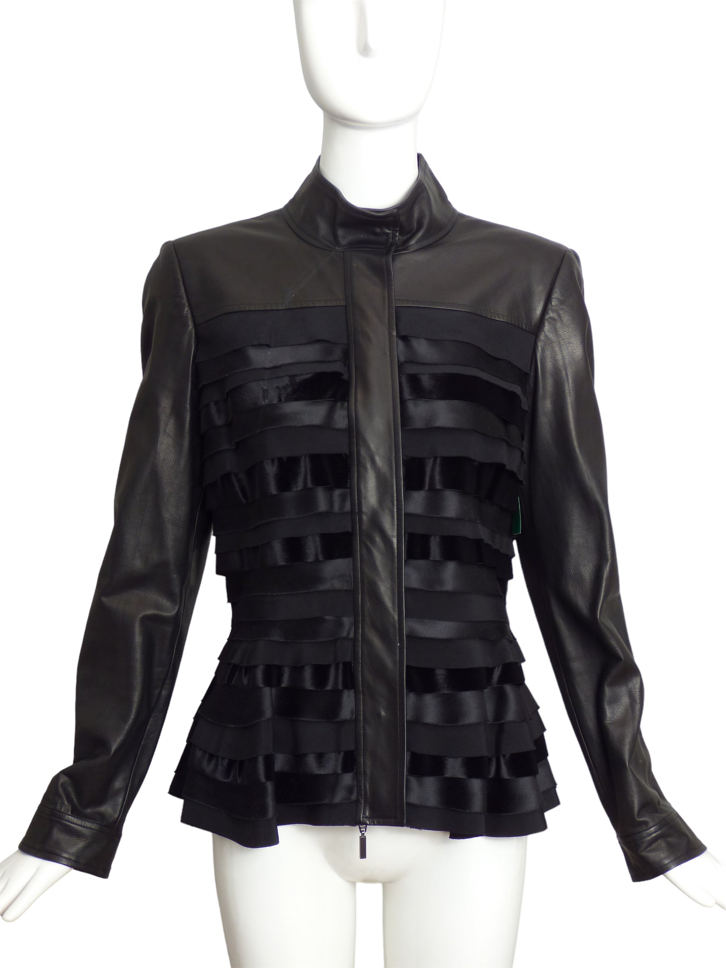 OSCAR DE LA RENTA-2014 Black Leather & Silk Jacket, Size-10