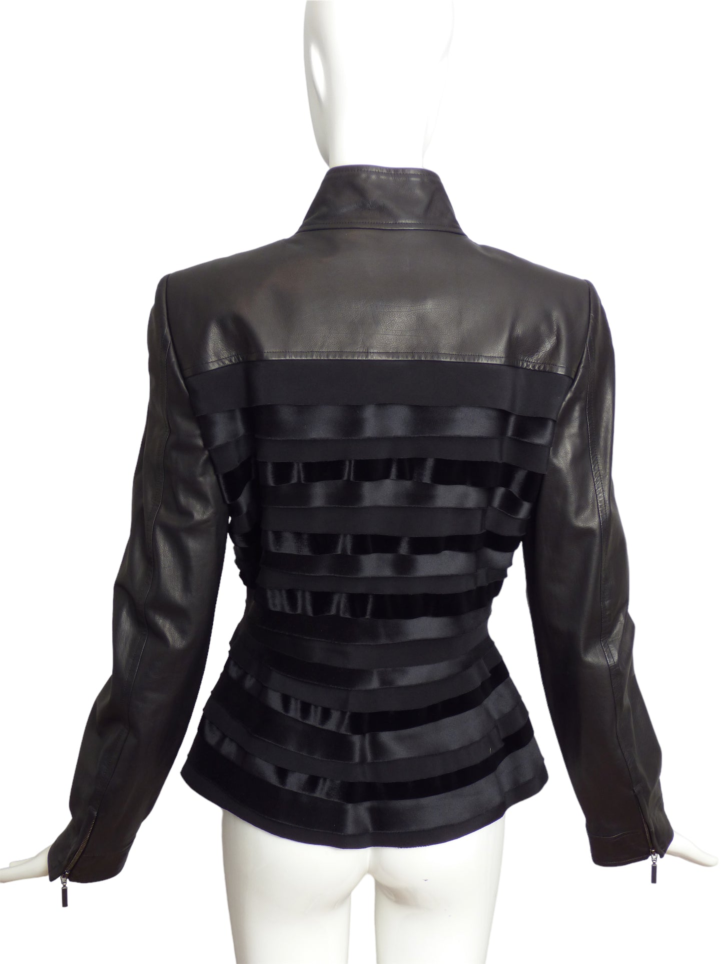 OSCAR DE LA RENTA-2014 Black Leather & Silk Jacket, Size-10