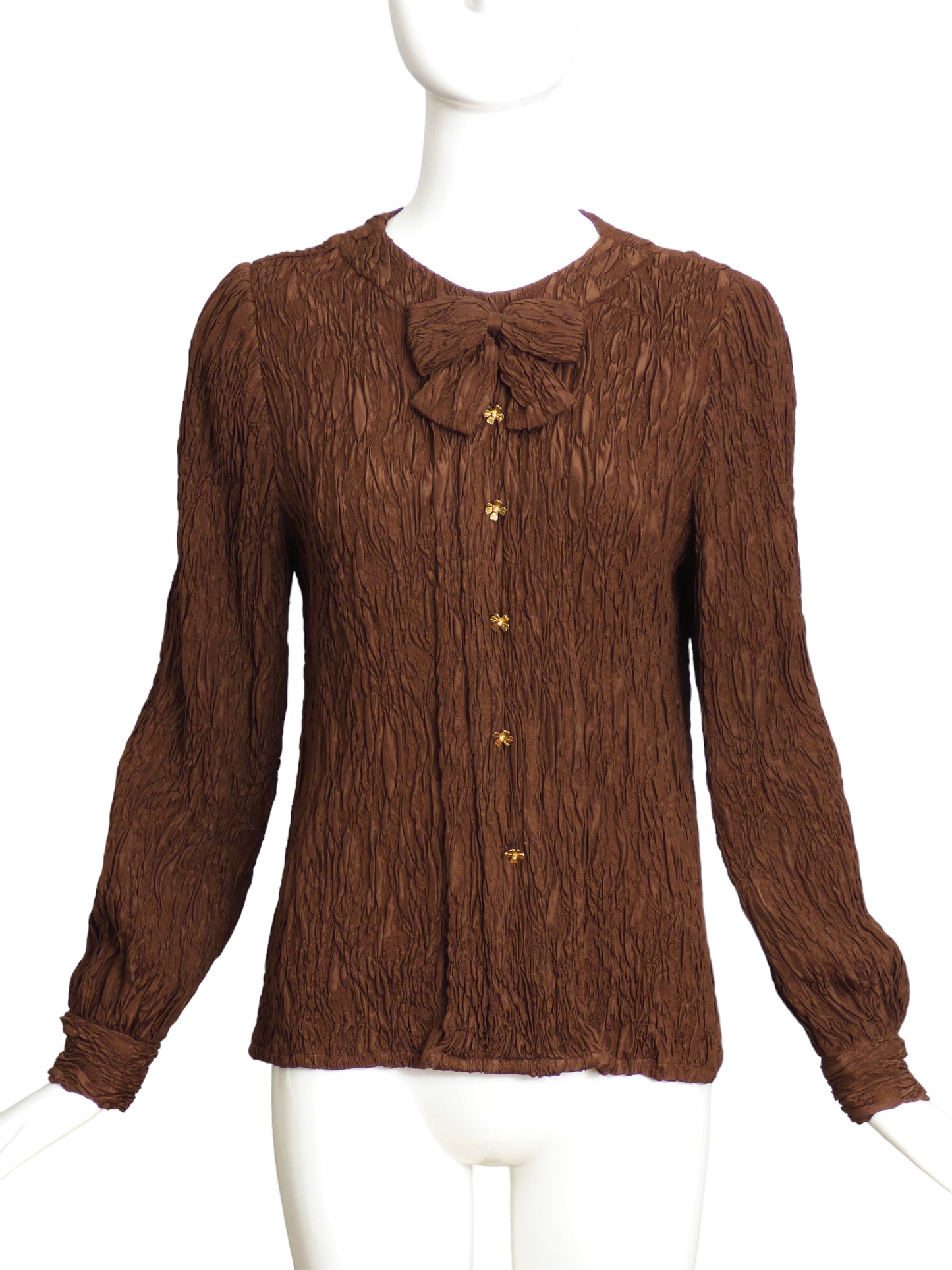 ADOLFO- 1980s Brown Crinkle Silk Blouse, Size 8