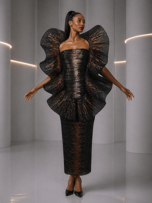 1994 Metallic Plisse Pleat Evening Gown, Size 12