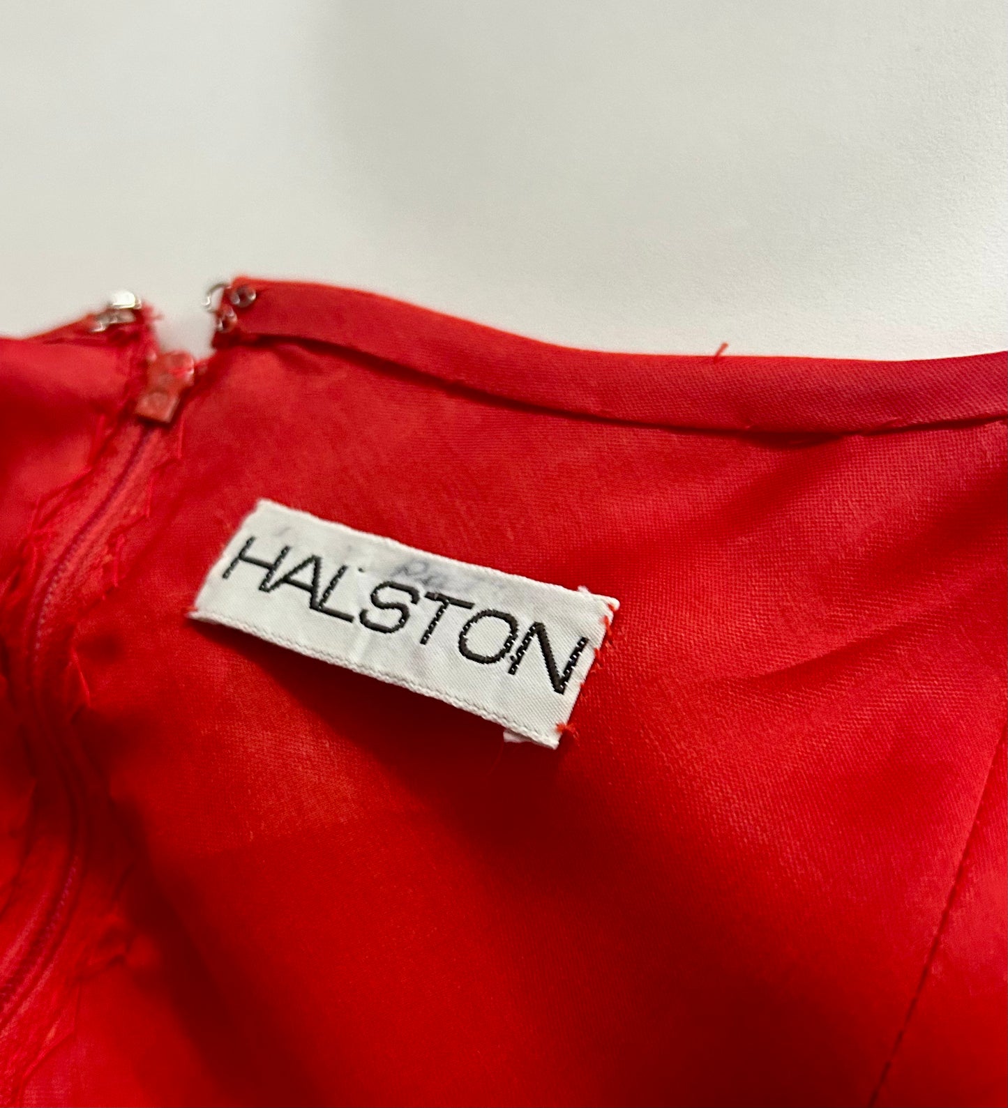 HALSTON- 1981 Red Silk Gazar Petal Gown, Size 8