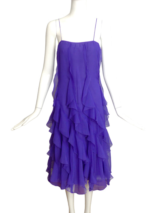 1980s Purple Chiffon Ruffle Dress, Size-6