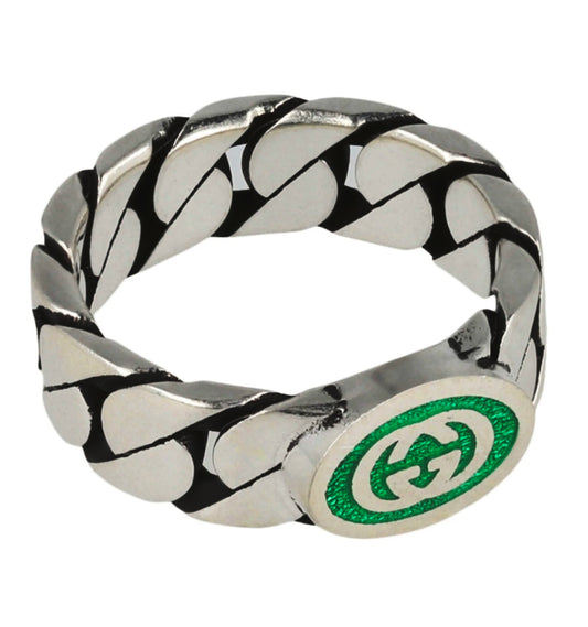 GUCCI- Wide Sterling Silver & Enamel Gourmette Chain Ring, Gucci Size-16