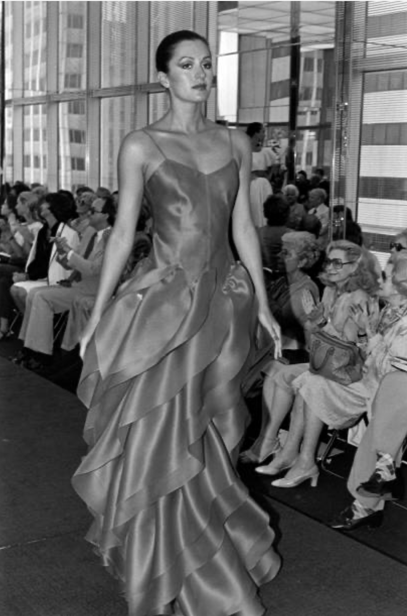 HALSTON- 1981 Red Silk Gazar Petal Gown, Size 8