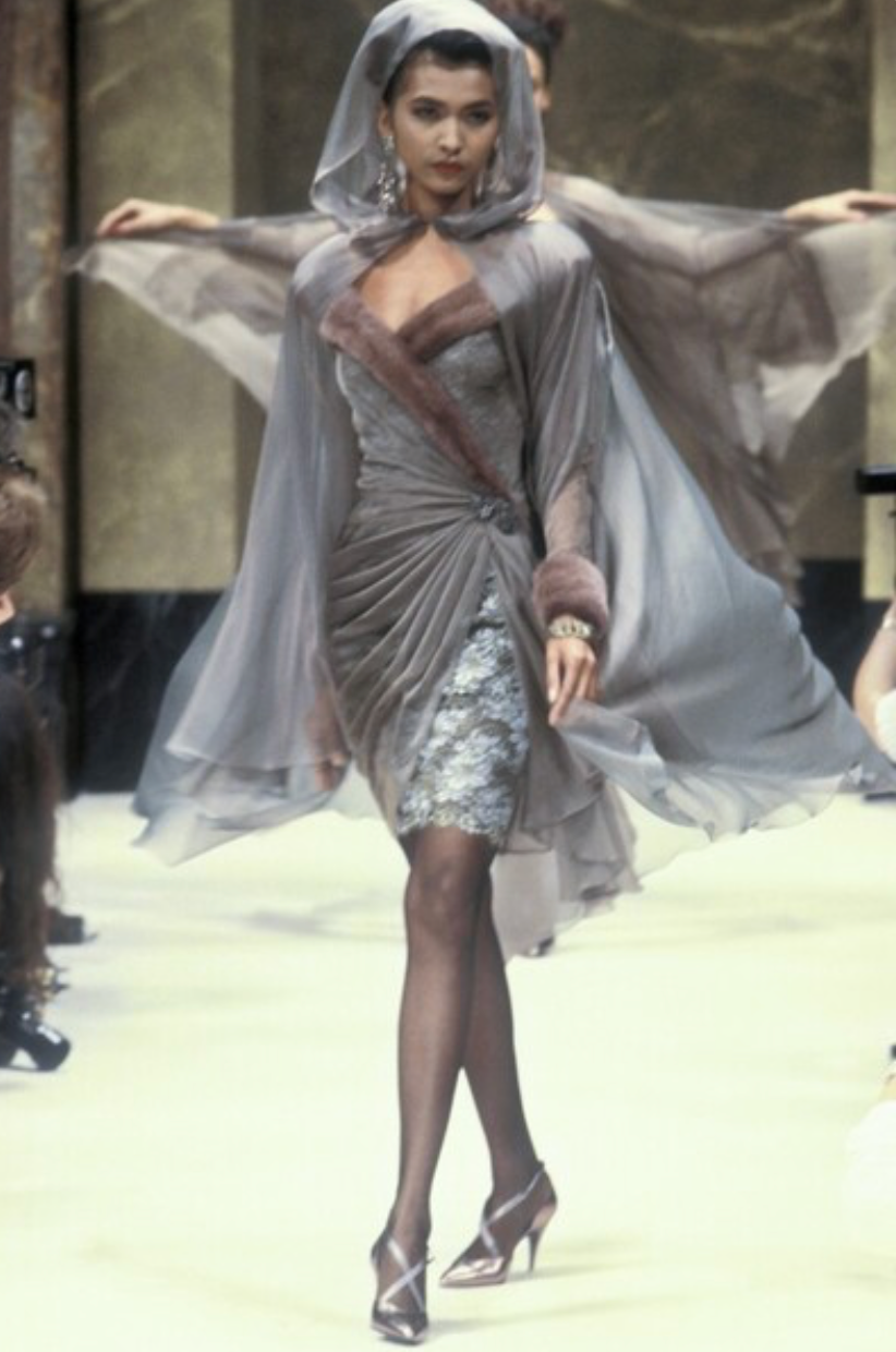 JEAN-LOUIS SCHERRER HAUTE COUTURE- 1988 Lace, Chiffon & Fur Cocktail Dress, Size 6