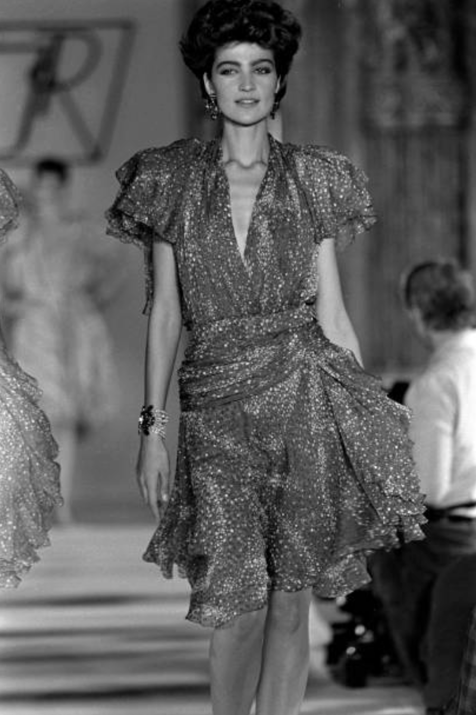 JACQUELINE DE RIBES- 1986 Printed Silk Ruffle Dress, Size 6