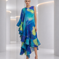 PIERRE CARDIN - 2000 Blue Chiffon Print Ruffle Gown, Size 8
