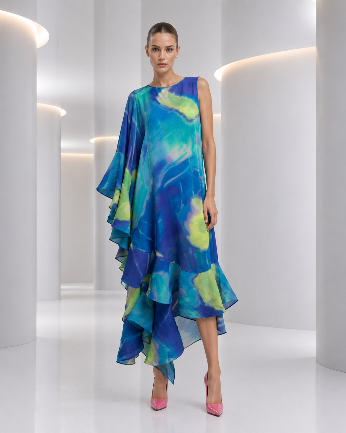 PIERRE CARDIN - 2000 Blue Chiffon Print Ruffle Gown, Size 8