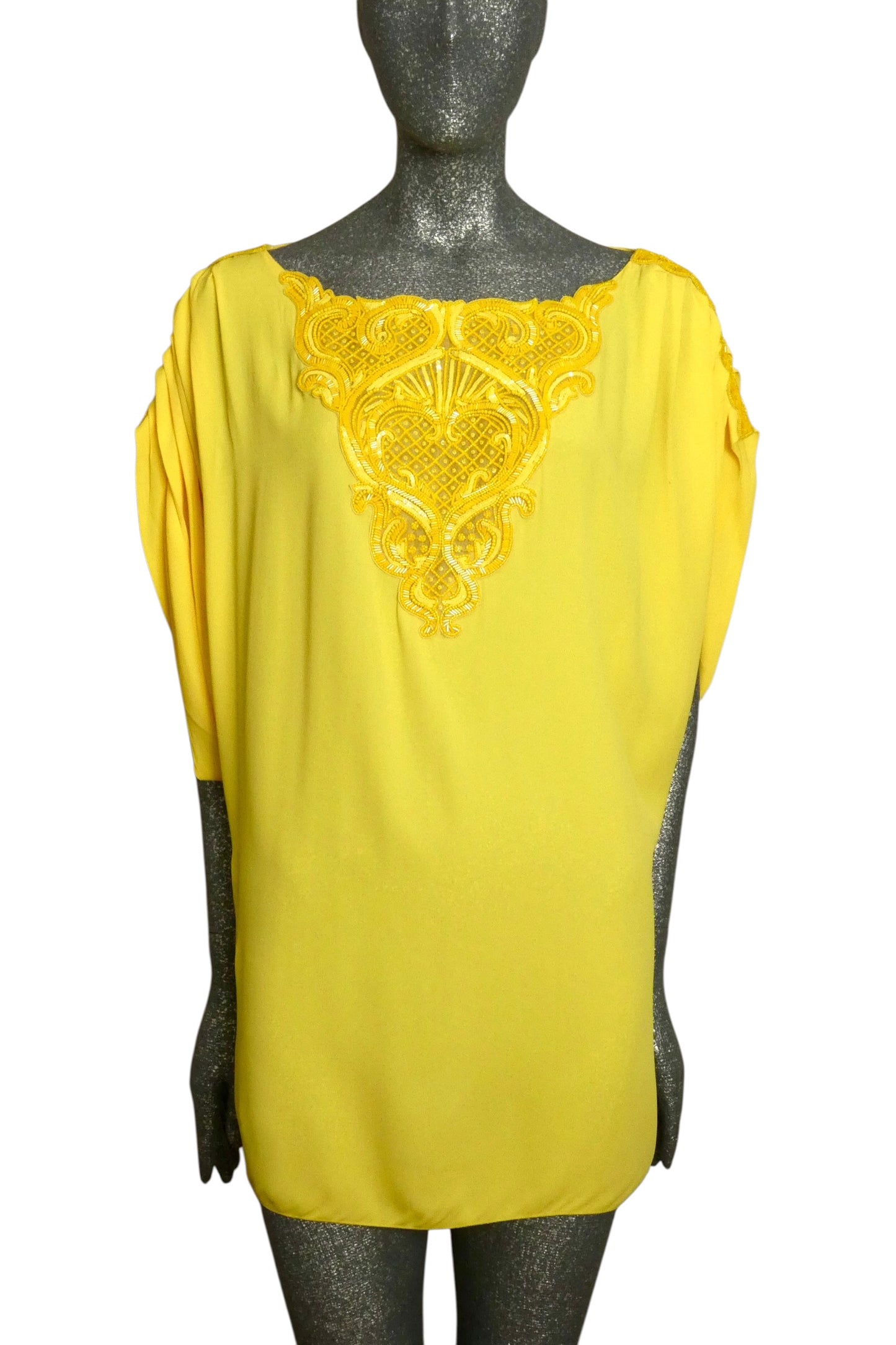 ANDREW GN - 2012 Yellow Beaded Silk Caftan Blouse, Size 10