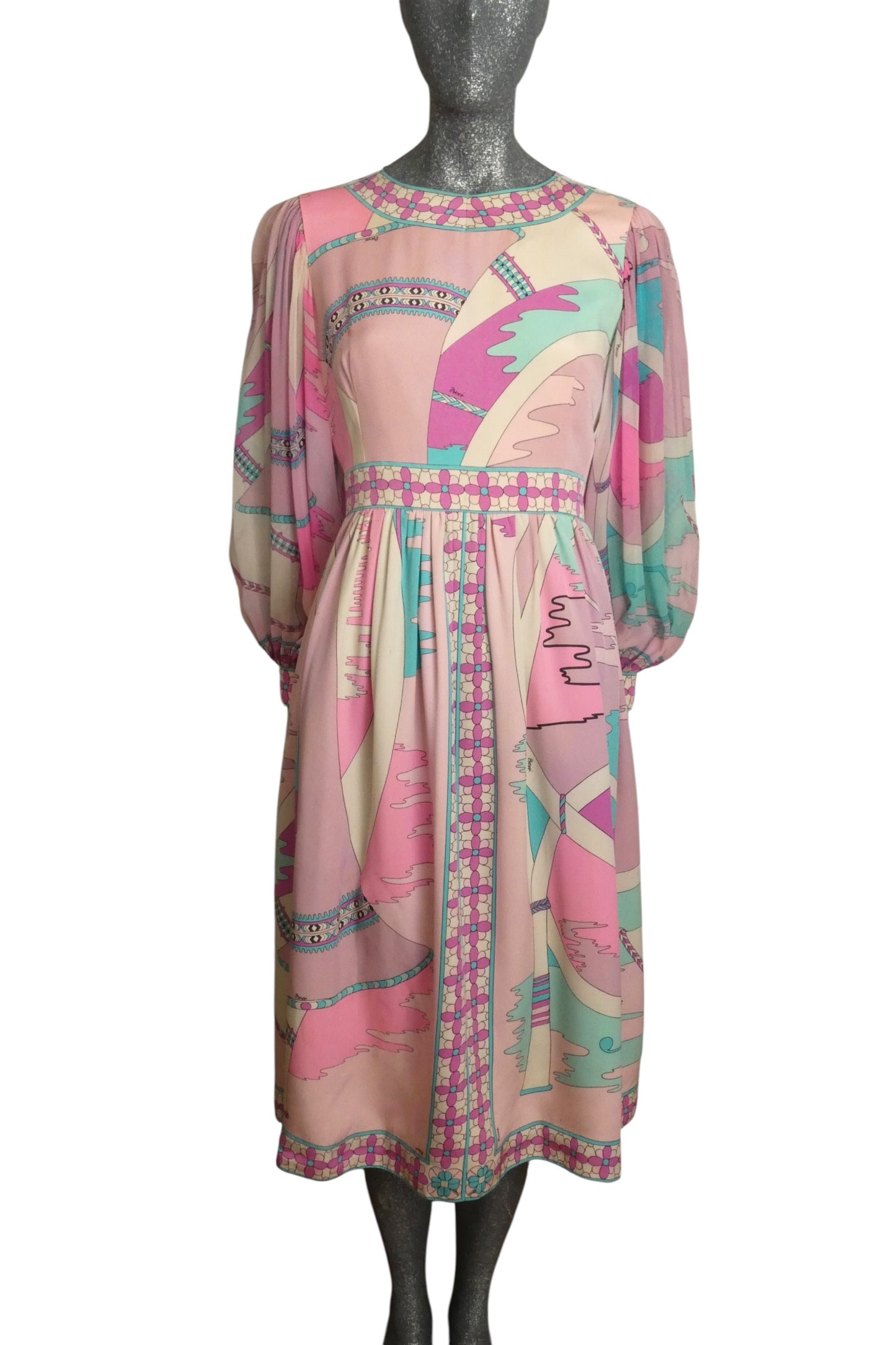 BESSI - 1970s Silk & Chiffon Print Dress, Size-8