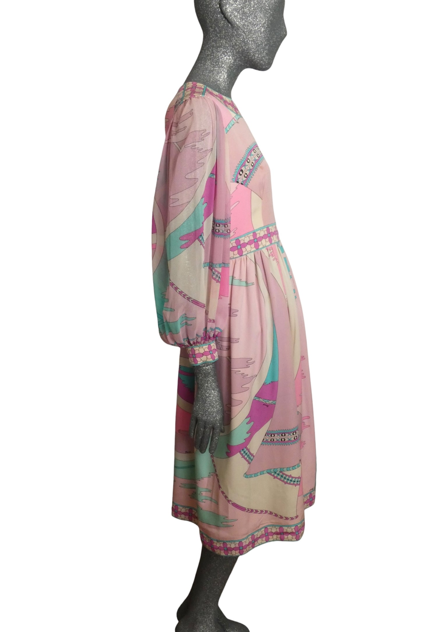 BESSI - 1970s Silk & Chiffon Print Dress, Size-8