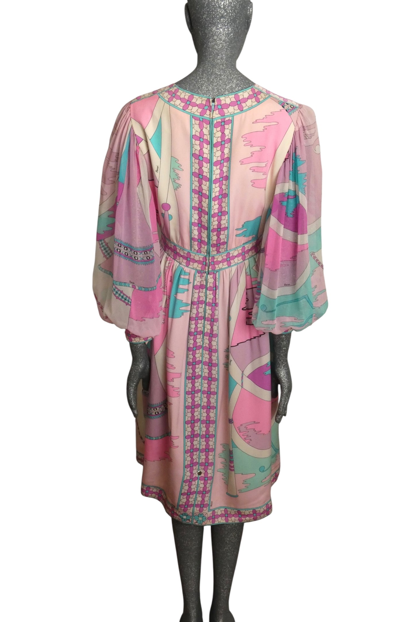 BESSI - 1970s Silk & Chiffon Print Dress, Size-8