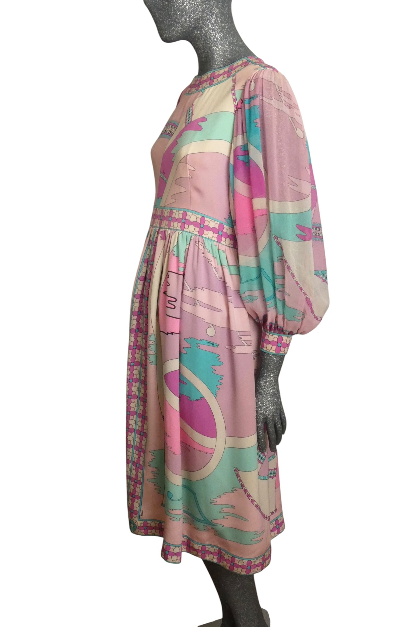 BESSI - 1970s Silk & Chiffon Print Dress, Size-8