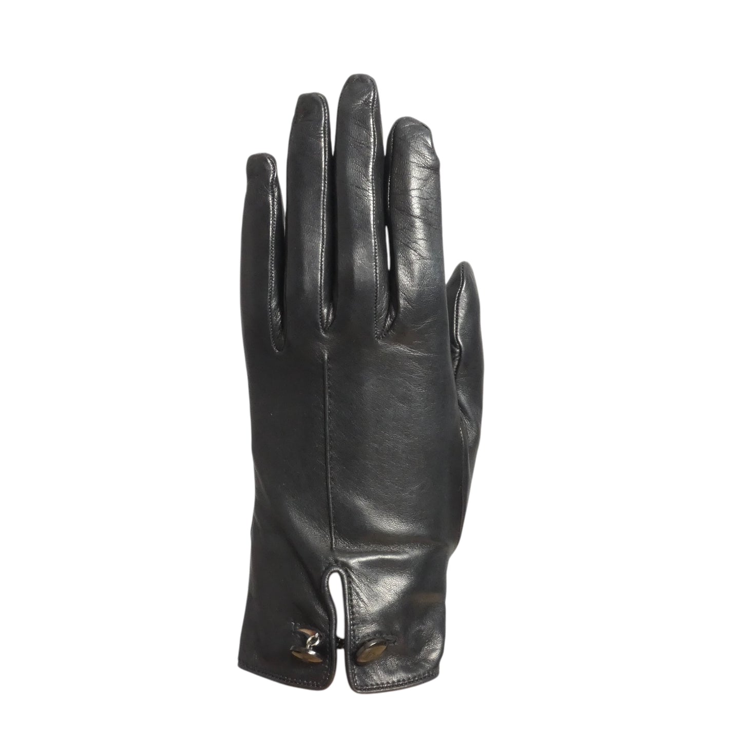 CHRISTIAN DIOR - Black Leather Button Gloves, Size-6 1/2