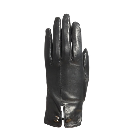 CHRISTIAN DIOR - Black Leather Button Gloves, Size-6 1/2