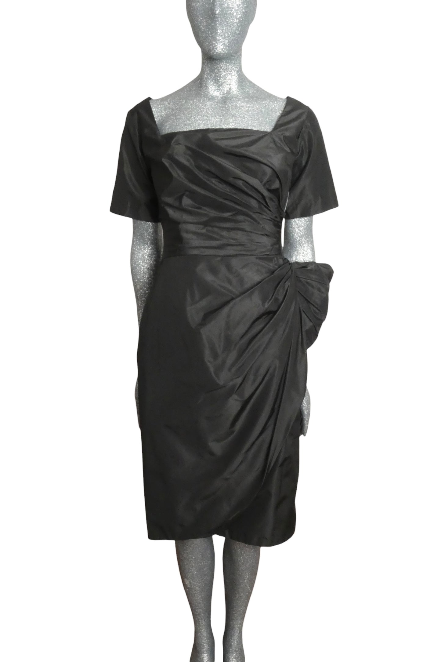 1950s Black Silk Taffeta Dress, Size-6