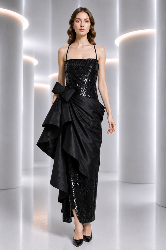 PIERRE CARDIN - 1990s Black Sequin & Taffeta Evening Gown, Size 4