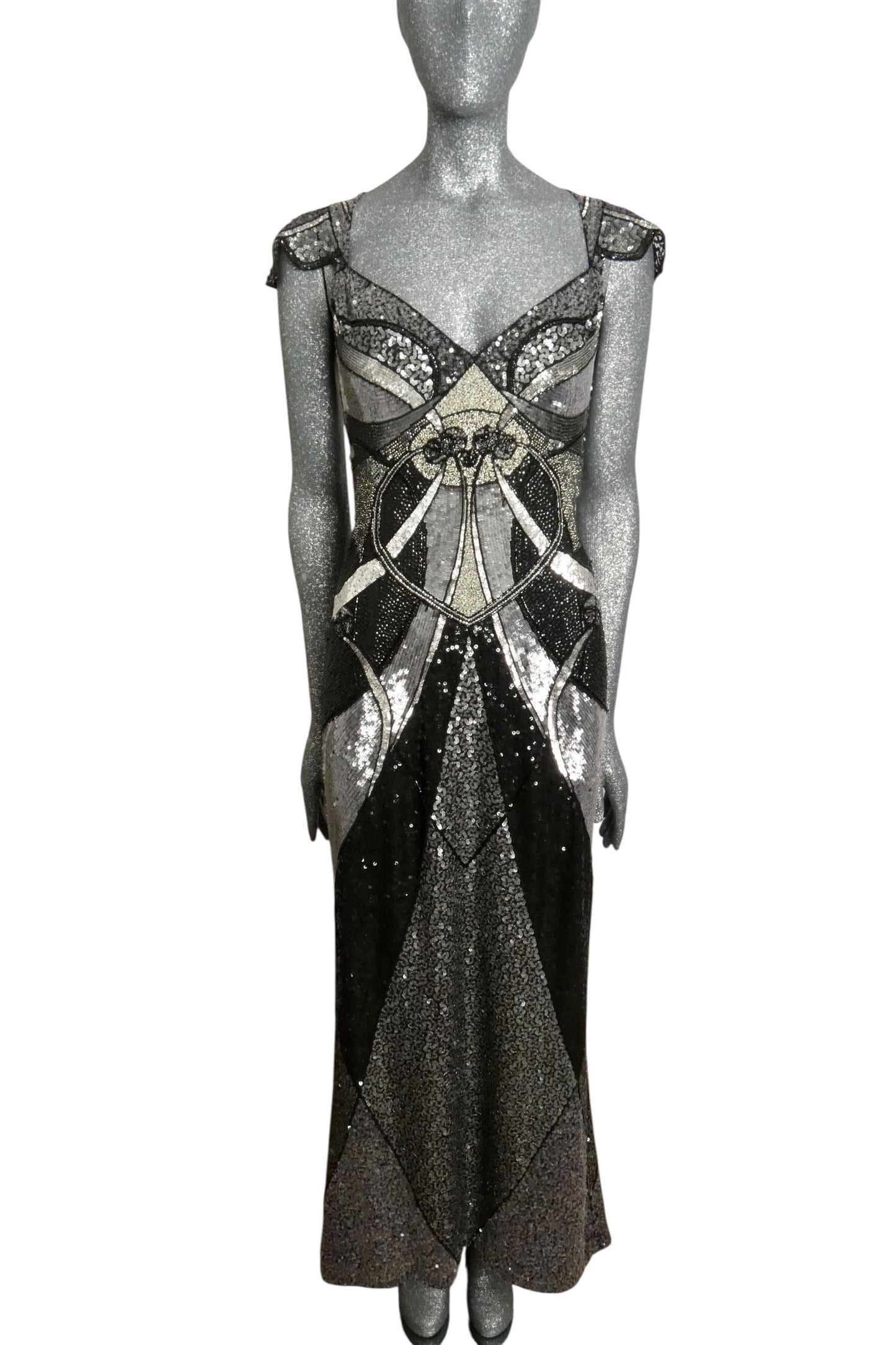 ESCADA - 2010s Silver & Black Beaded Evening Gown, Size 10