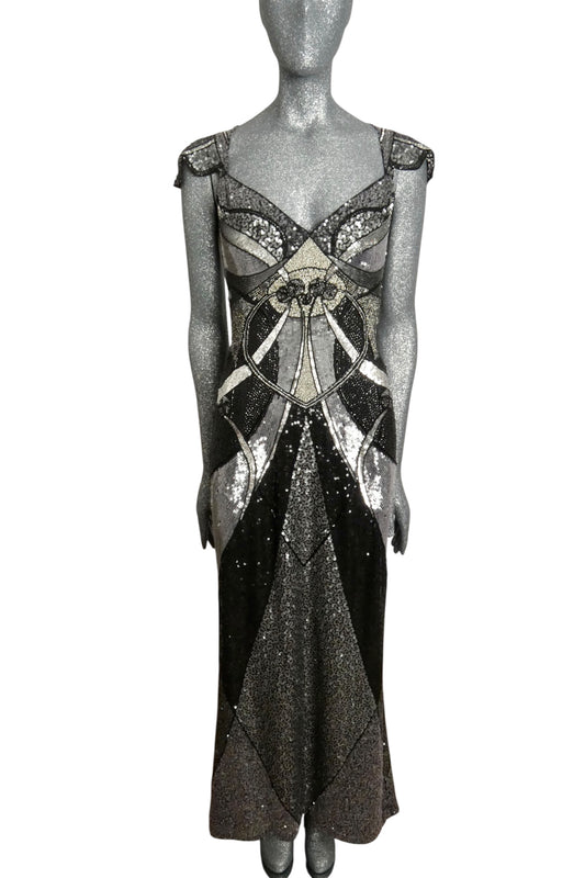 ESCADA - 2010s Silver & Black Beaded Evening Gown, Size 10