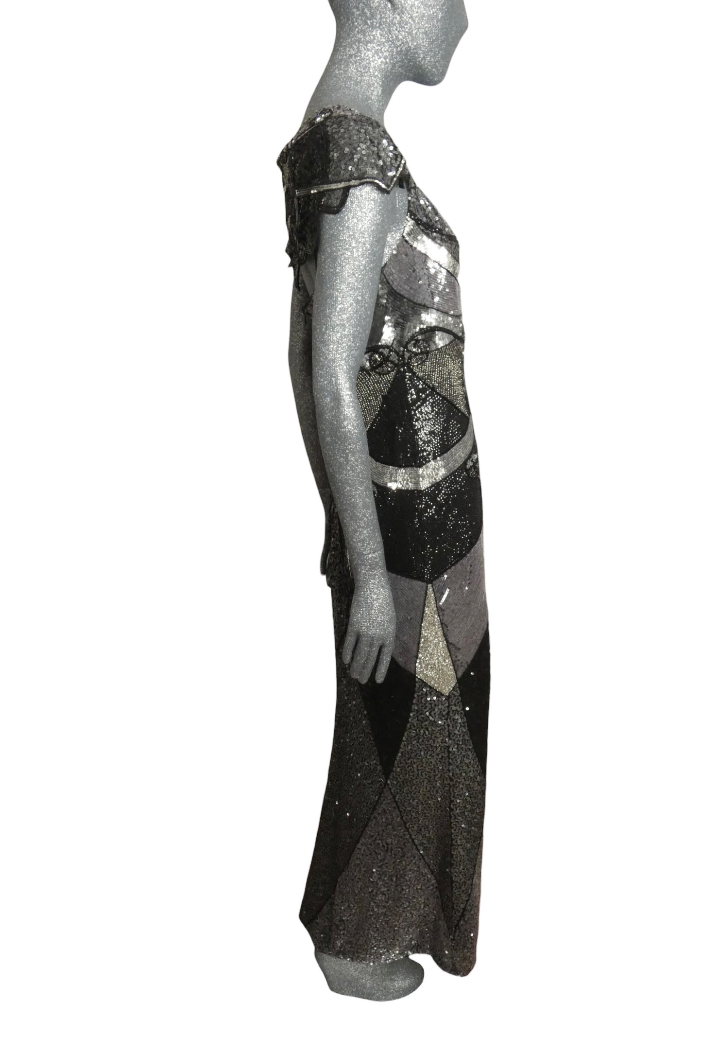 ESCADA - 2010s Silver & Black Beaded Evening Gown, Size 10