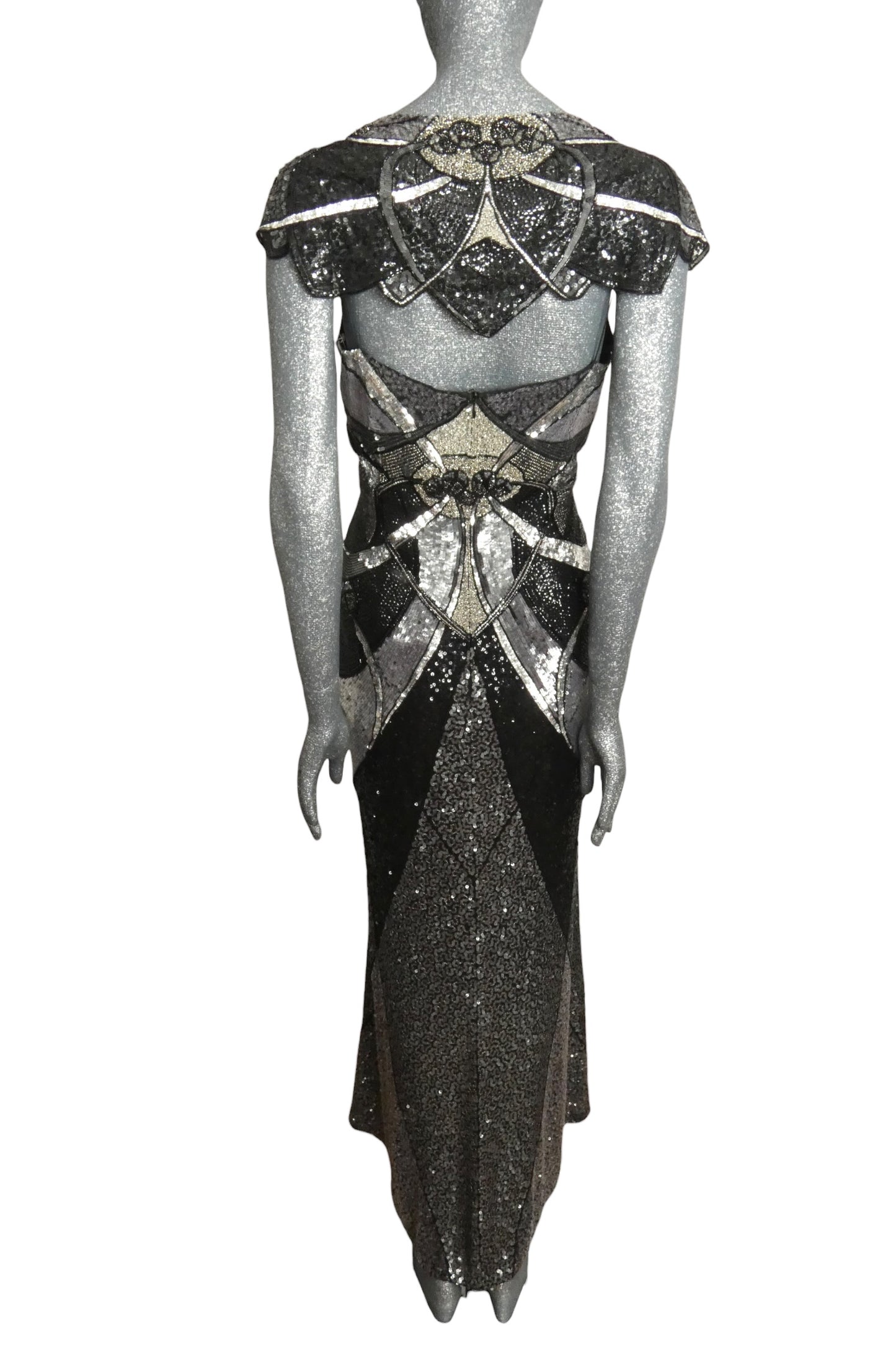 ESCADA - 2010s Silver & Black Beaded Evening Gown, Size 10