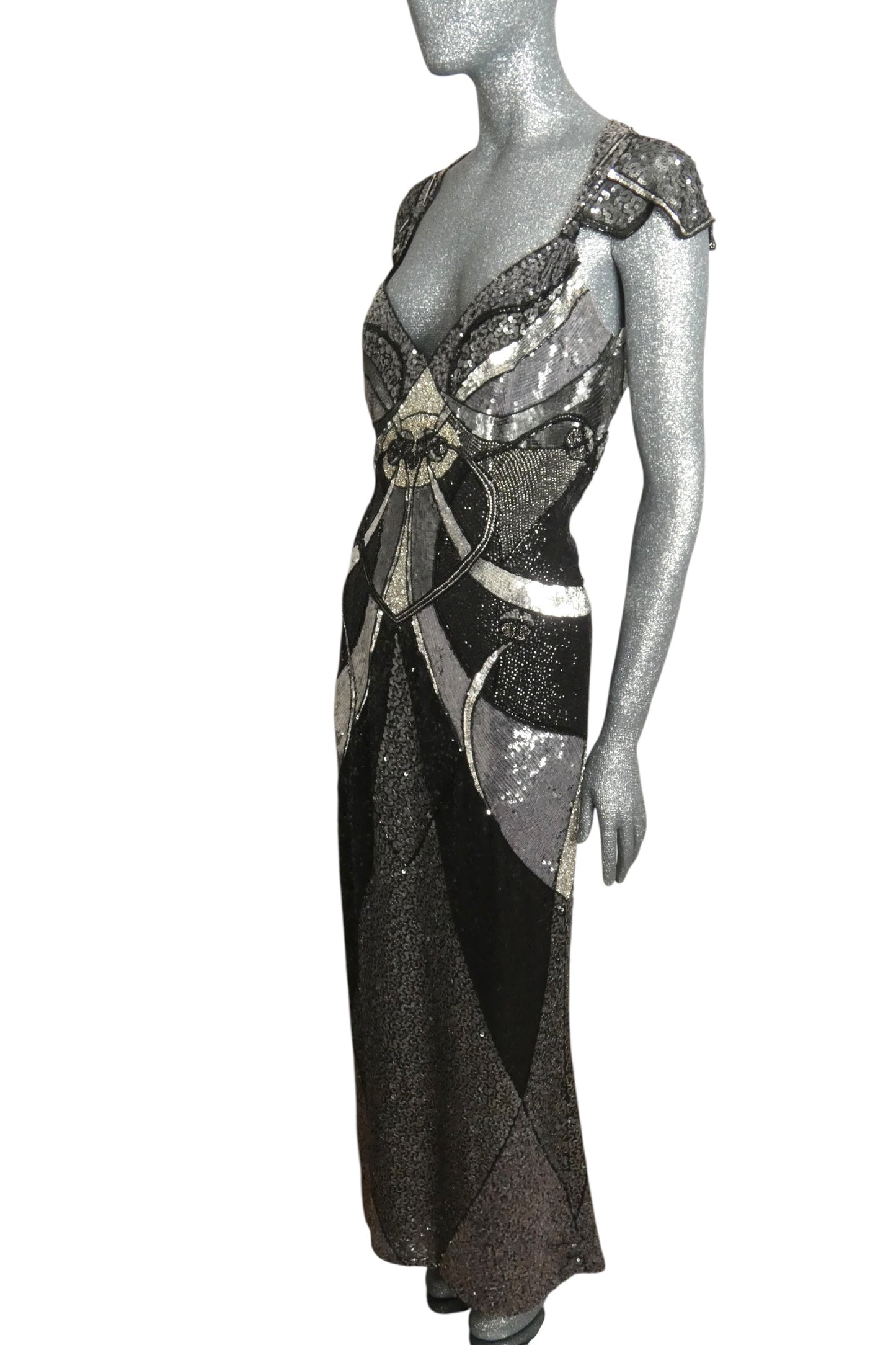 ESCADA - 2010s Silver & Black Beaded Evening Gown, Size 10