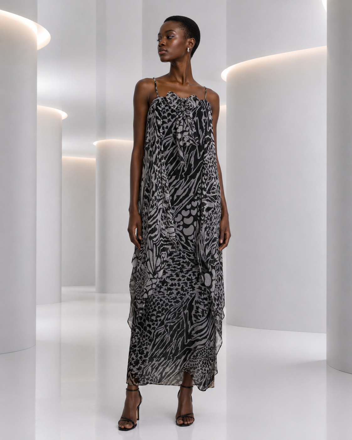 PIERRE CARDIN - 2000 Black & White Printed Chiffon Evening Dress, Size 8