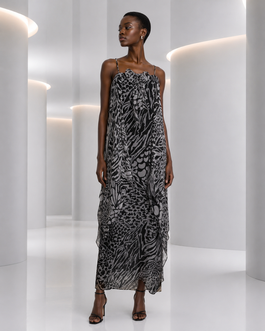 PIERRE CARDIN - 2000 Black & White Printed Chiffon Evening Dress, Size 8