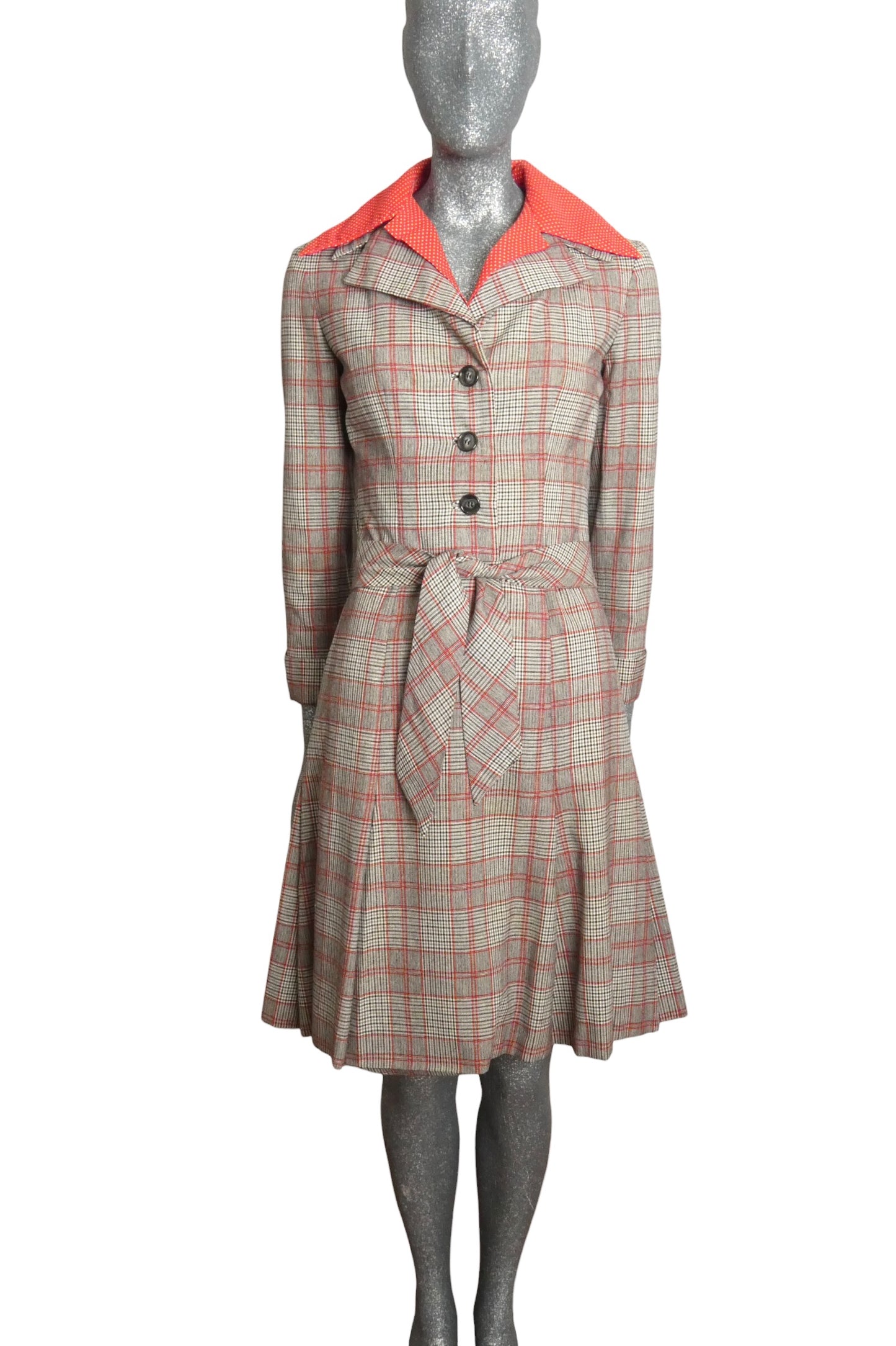 GEOFFREY BEENE - 1970s Grey & Red Wool Plaid Coat Dress, Size-6