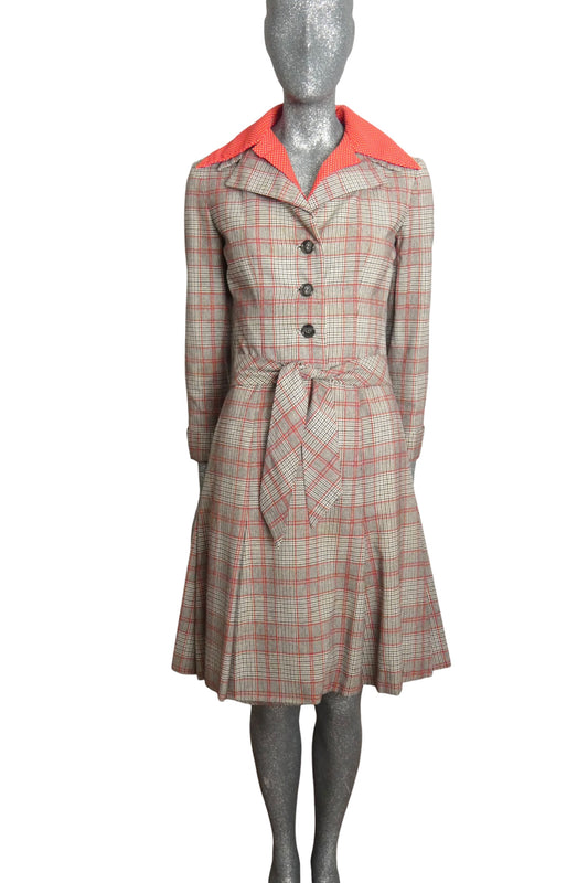 GEOFFREY BEENE - 1970s Grey & Red Wool Plaid Coat Dress, Size-6