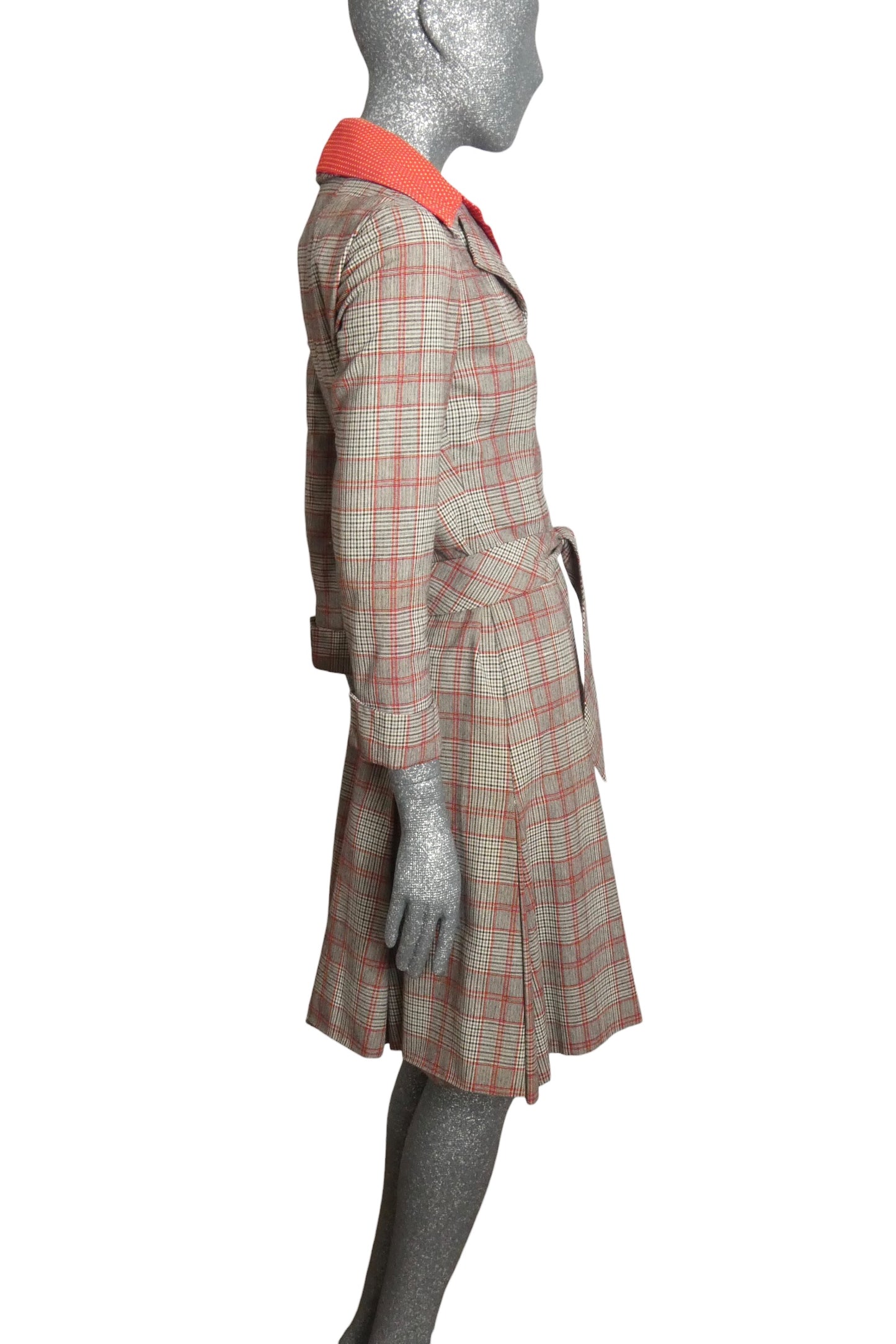 GEOFFREY BEENE - 1970s Grey & Red Wool Plaid Coat Dress, Size-6