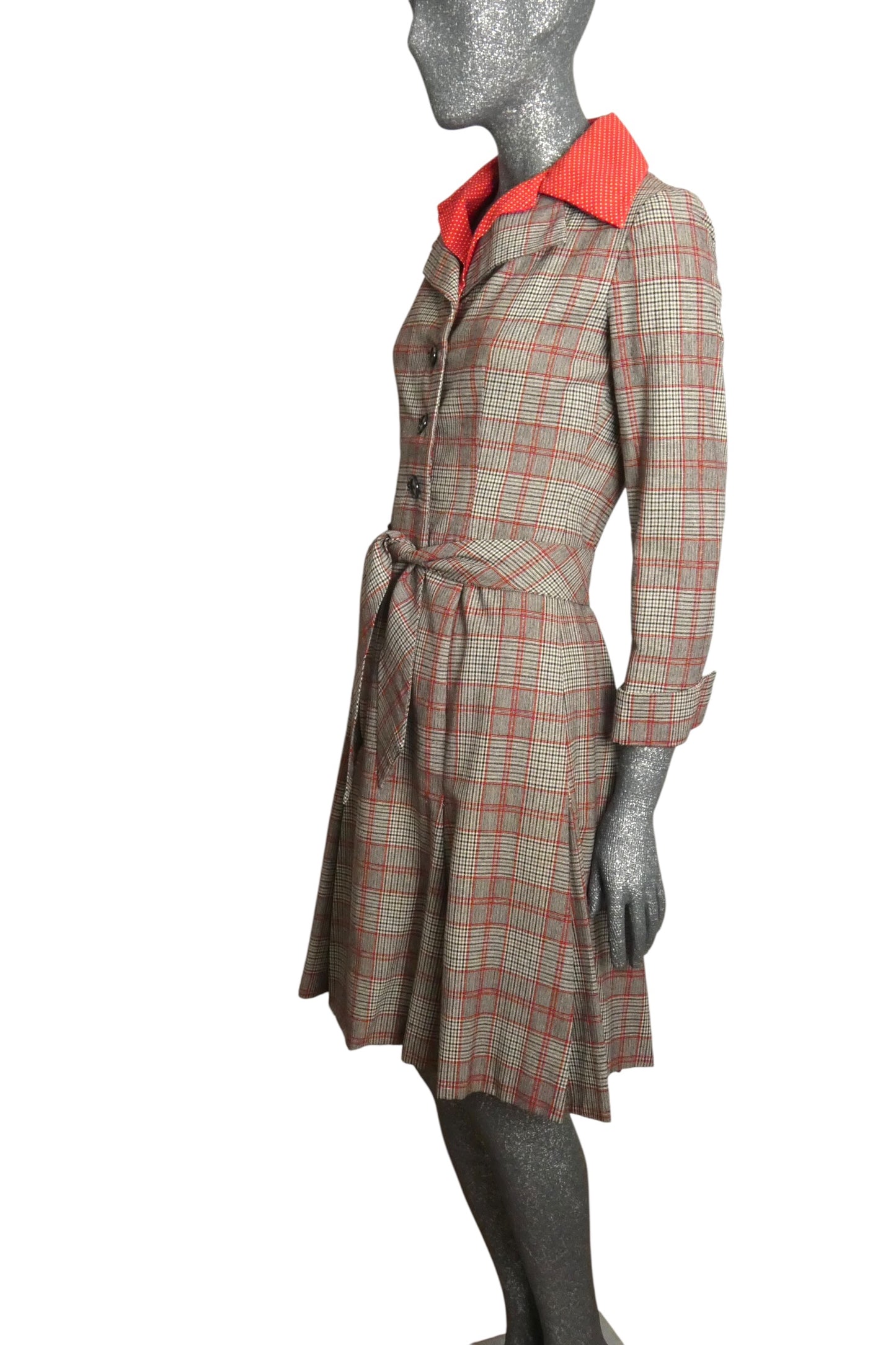 GEOFFREY BEENE - 1970s Grey & Red Wool Plaid Coat Dress, Size-6