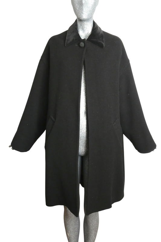 ISAAC MIZRAHI - 1990s Black Wool & Velveteen Coat, Size-Small