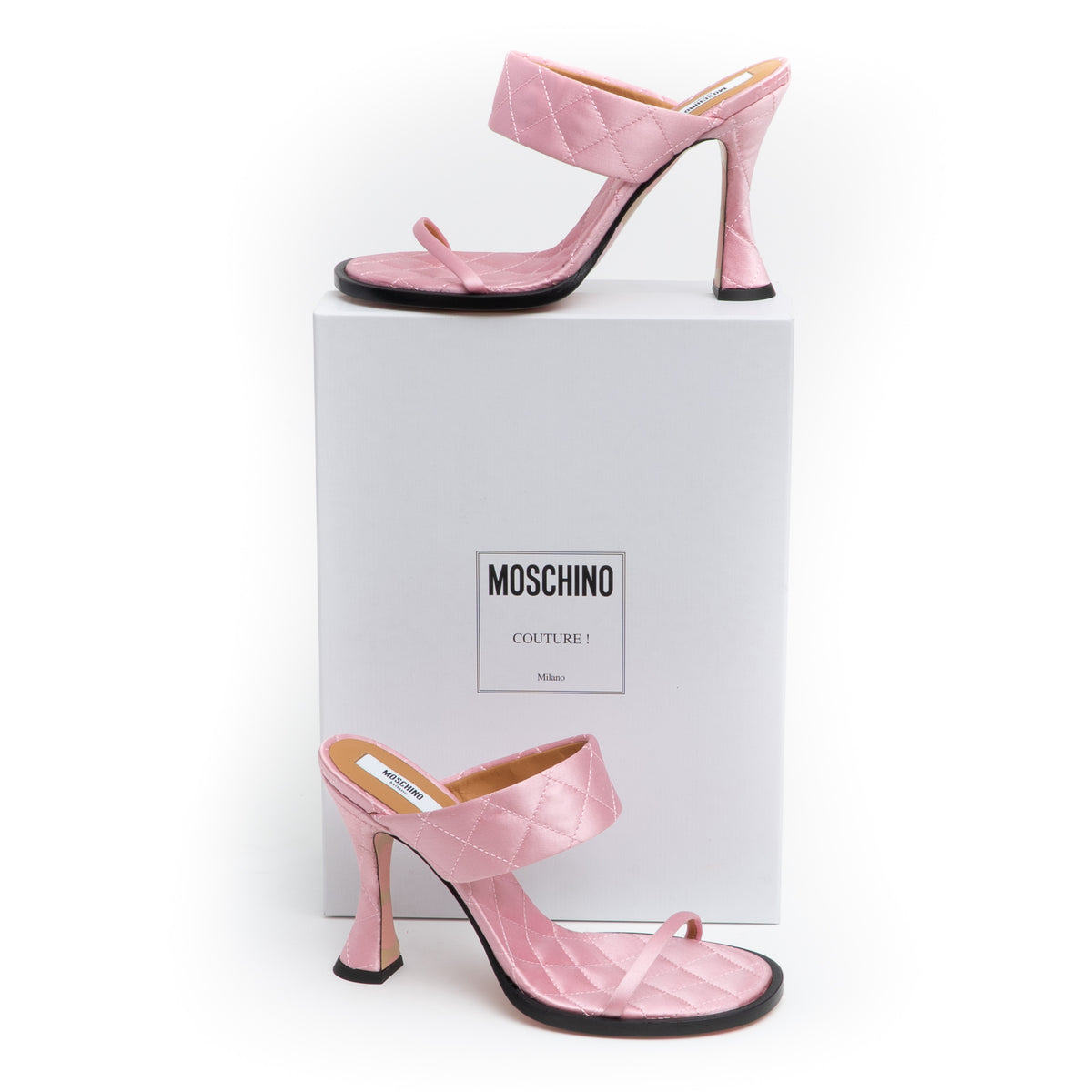 MOSCHINO COUTURE! - 2025 Pink Quilted Satin Sandals, Size-38.5