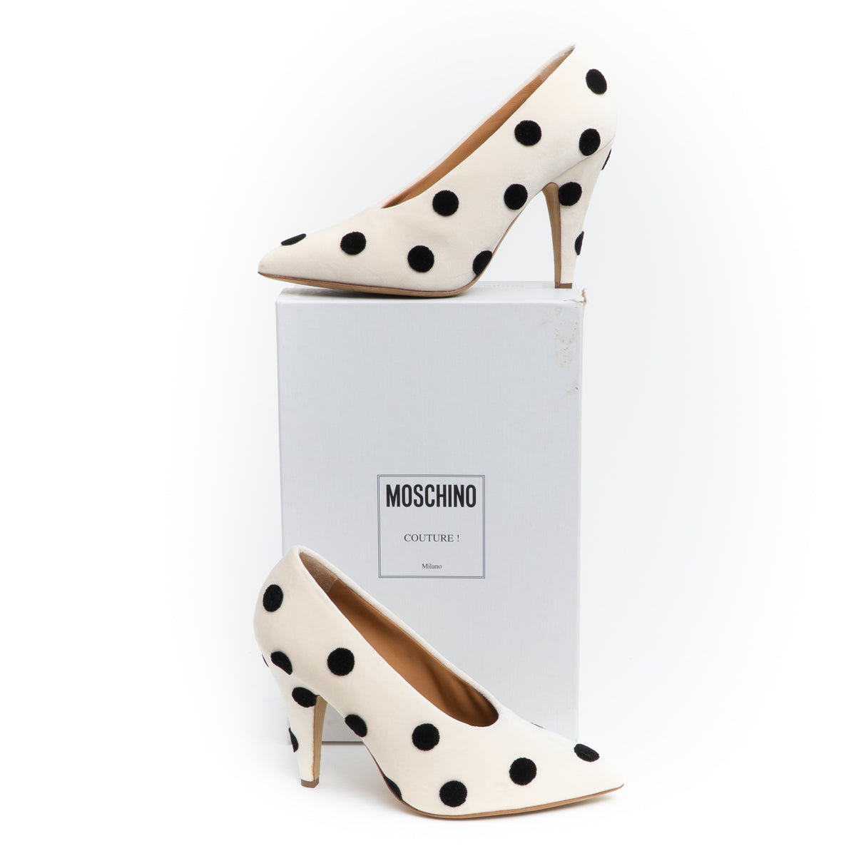 MOSCHINO COUTURE! - S2025 Ivory & Black Velvet Dot Pumps, Size-39