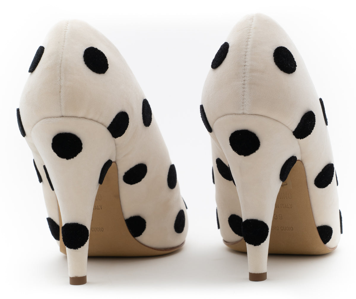MOSCHINO COUTURE! - S2025 Ivory & Black Velvet Dot Pumps, Size-39